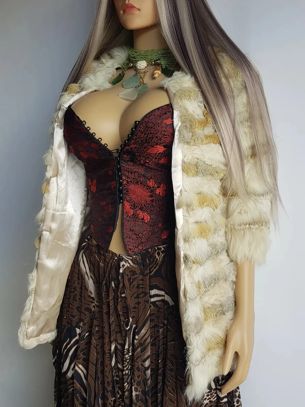 1960s Vintage Fox Fur & Curly Lamswool Coat - Very Light with Super Soft Contrasting Layers of Fur - Cream & Caramel Brown Tones - Elbow Length Sleeves