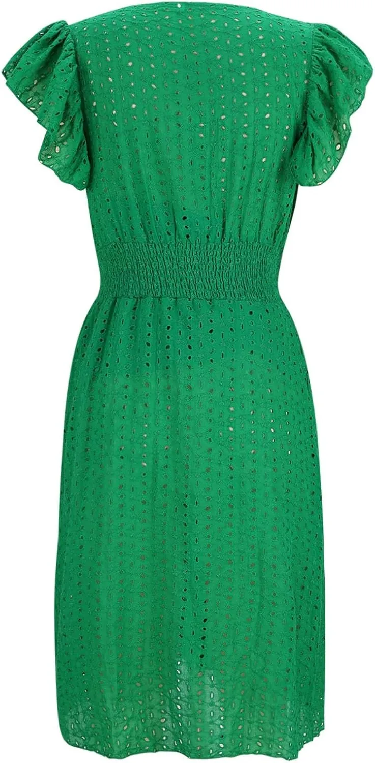 2025 Summer Dresses Women's Eyelet Lace Embroidered Smocked Waist Flutter Sleeve A Line Midi Dress Beach Sundress