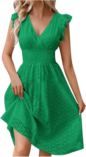 2025 Summer Dresses Women's Eyelet Lace Embroidered Smocked Waist Flutter Sleeve A Line Midi Dress Beach Sundress