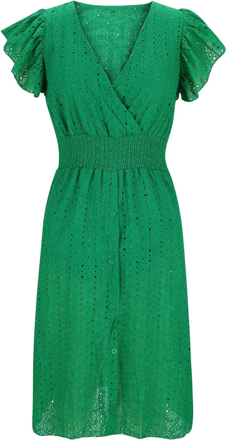 2025 Summer Dresses Women's Eyelet Lace Embroidered Smocked Waist Flutter Sleeve A Line Midi Dress Beach Sundress