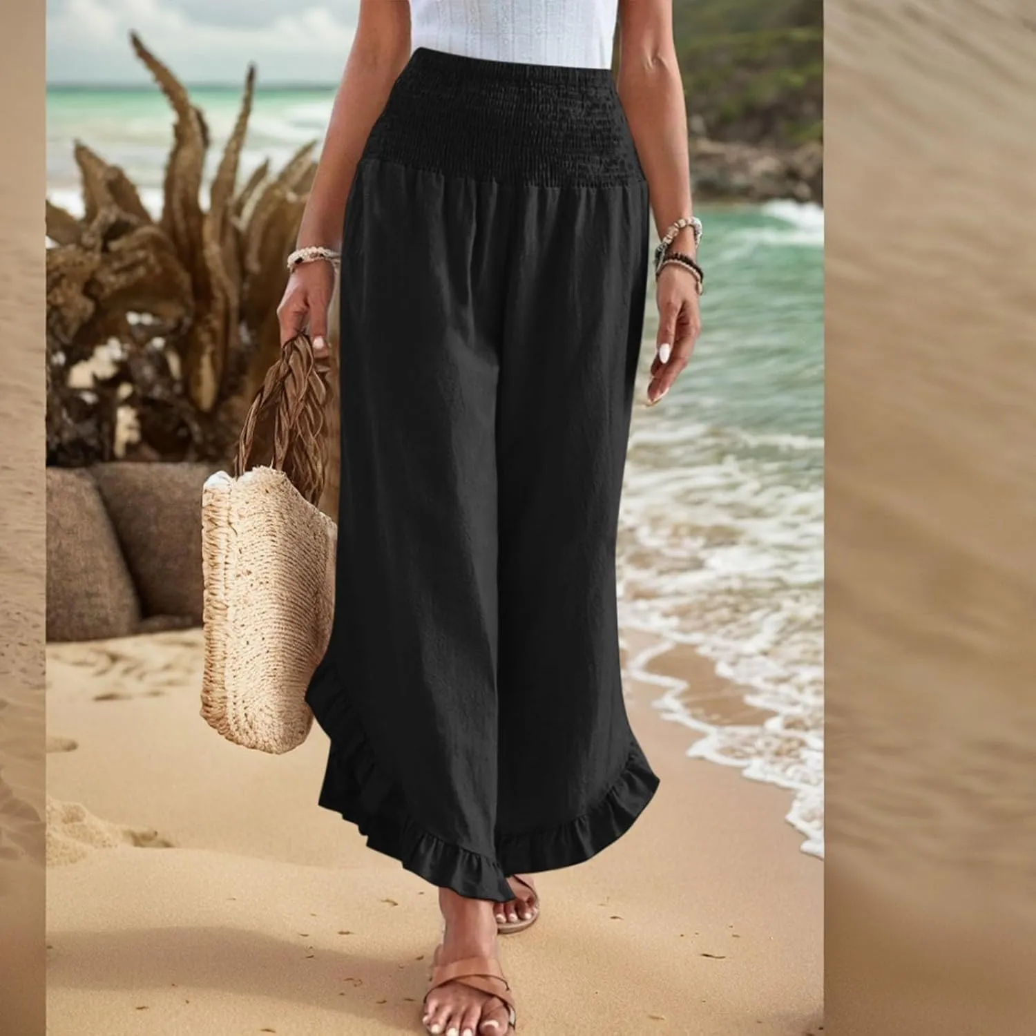 ADHOWBEW Linen Pants for Women Work High Waisted Lounge Plus Size Stretch Cotton Casual Dressy Flowy Pants Bottoms
