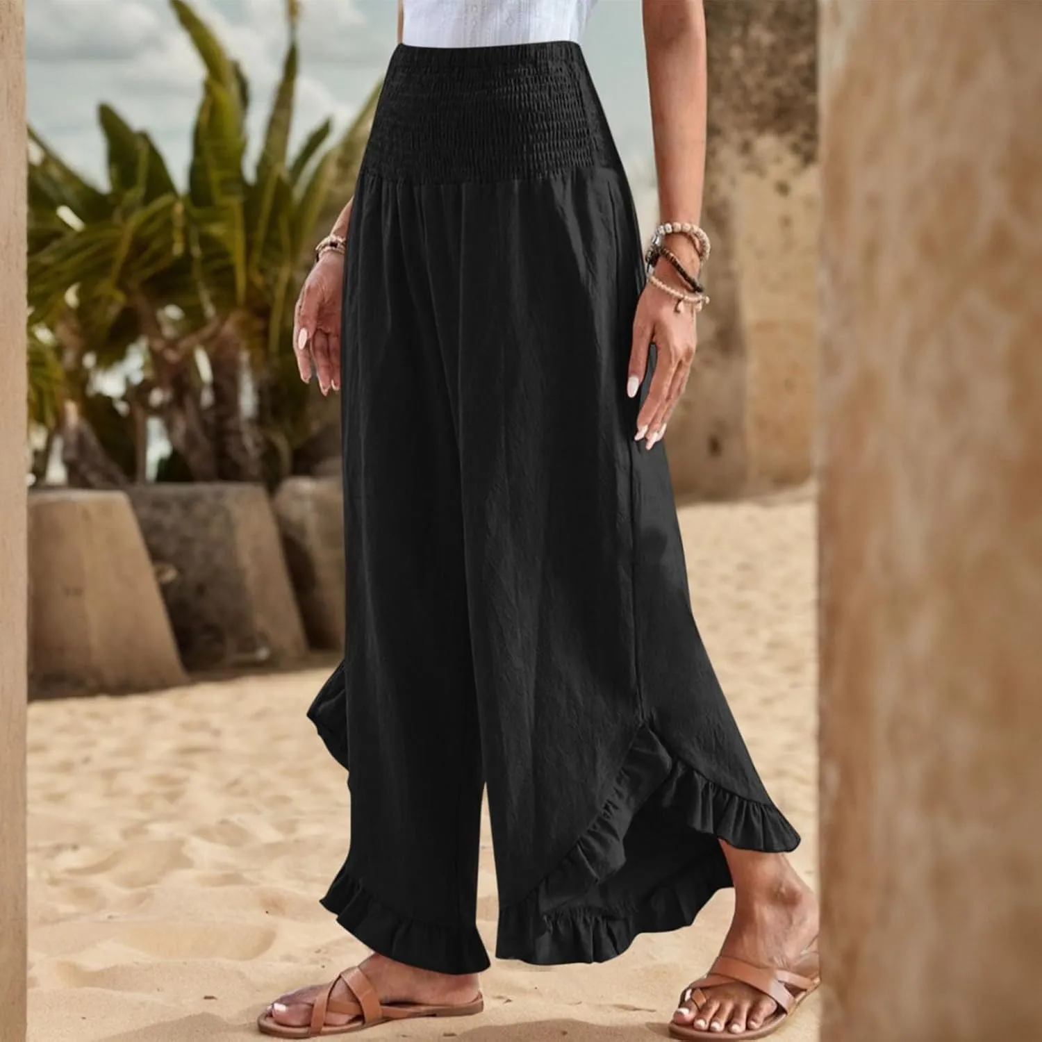 ADHOWBEW Linen Pants for Women Work High Waisted Lounge Plus Size Stretch Cotton Casual Dressy Flowy Pants Bottoms