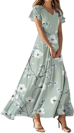 ADHOWBEW Summer Dresses for Women 2025 Casual Midi Floral Print V Neck Sun Dresses Flowy