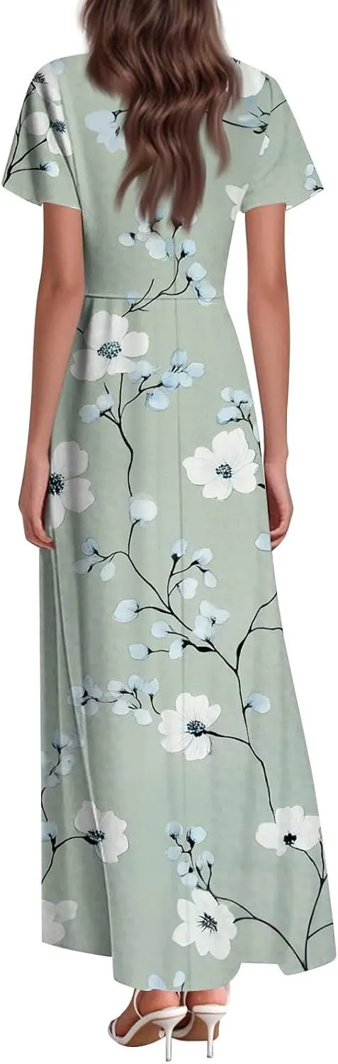 ADHOWBEW Summer Dresses for Women 2025 Casual Midi Floral Print V Neck Sun Dresses Flowy