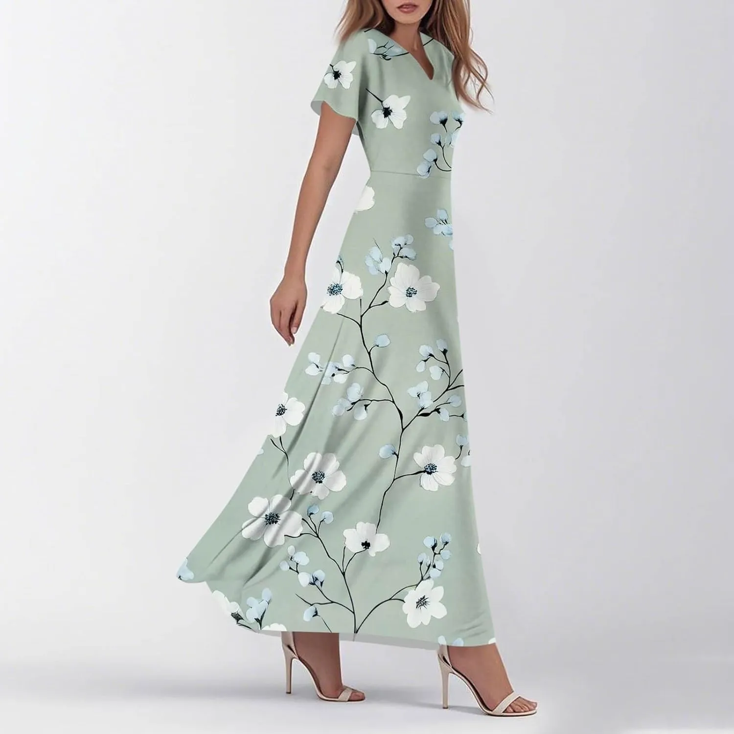 ADHOWBEW Summer Dresses for Women 2025 Casual Midi Floral Print V Neck Sun Dresses Flowy