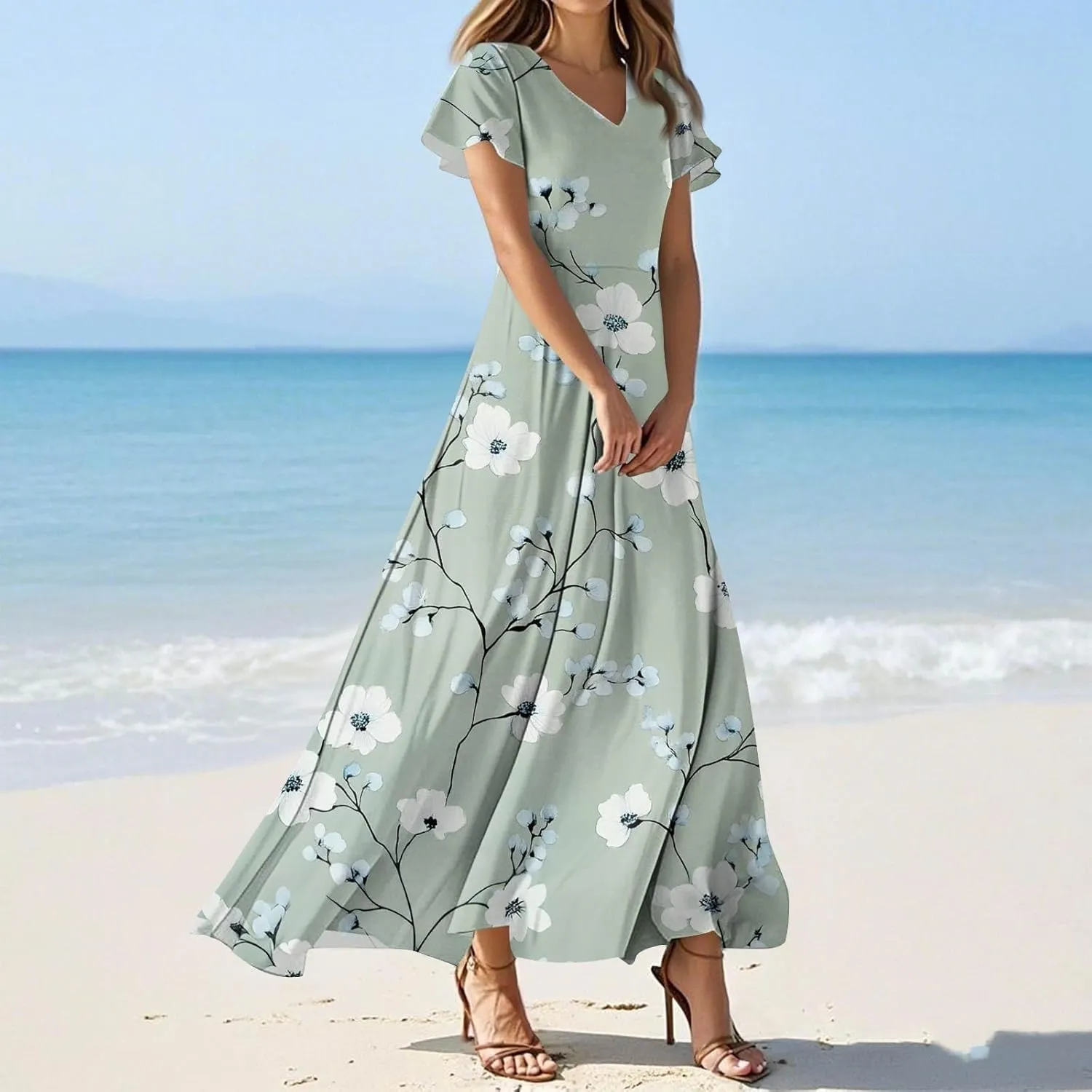 ADHOWBEW Summer Dresses for Women 2025 Casual Midi Floral Print V Neck Sun Dresses Flowy