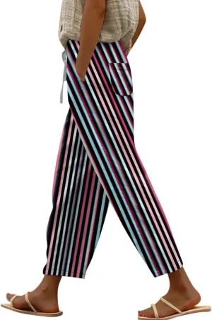 ADHOWBEW Women Capri Pants Trendy Wide Leg High Waist Flowy Summer Lounge Dressy Drawstring Cotton Slacks with Pockets