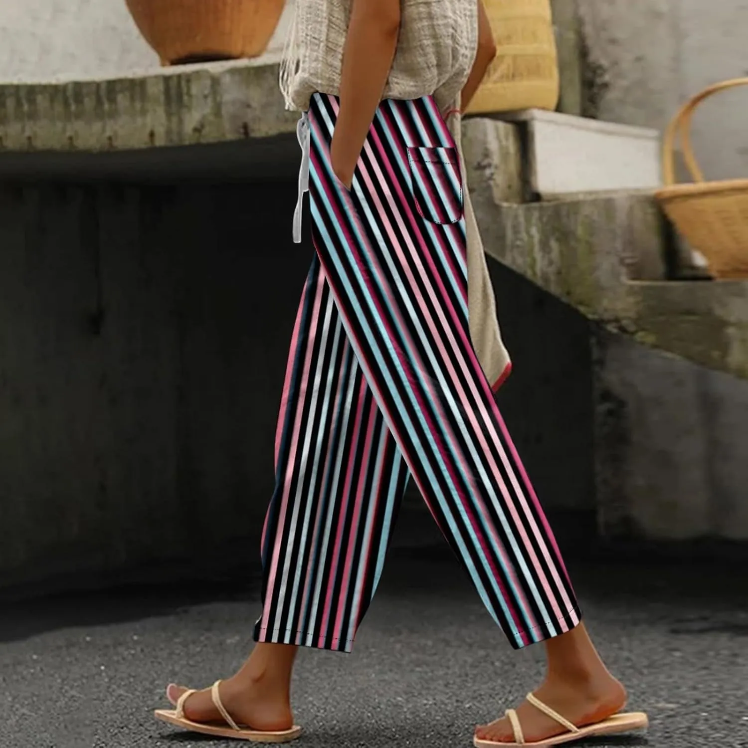 ADHOWBEW Women Capri Pants Trendy Wide Leg High Waist Flowy Summer Lounge Dressy Drawstring Cotton Slacks with Pockets