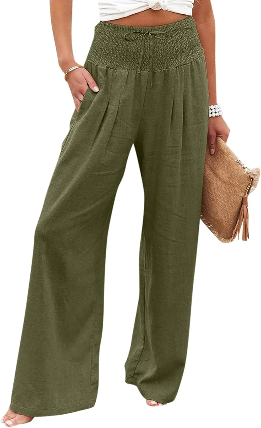 ADHOWBEW Women Linen Pants High Waisted Work Casual Lounge Plus Size Cotton Stretch Dressy Petite Flowy Palazzo Pants
