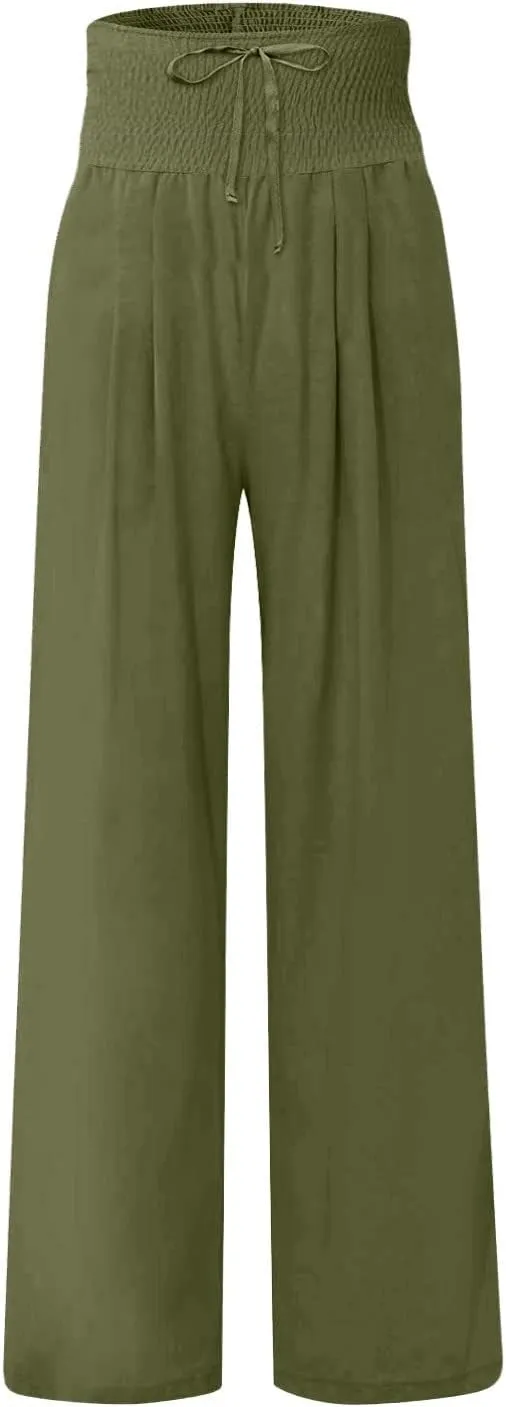 ADHOWBEW Women Linen Pants High Waisted Work Casual Lounge Plus Size Cotton Stretch Dressy Petite Flowy Palazzo Pants