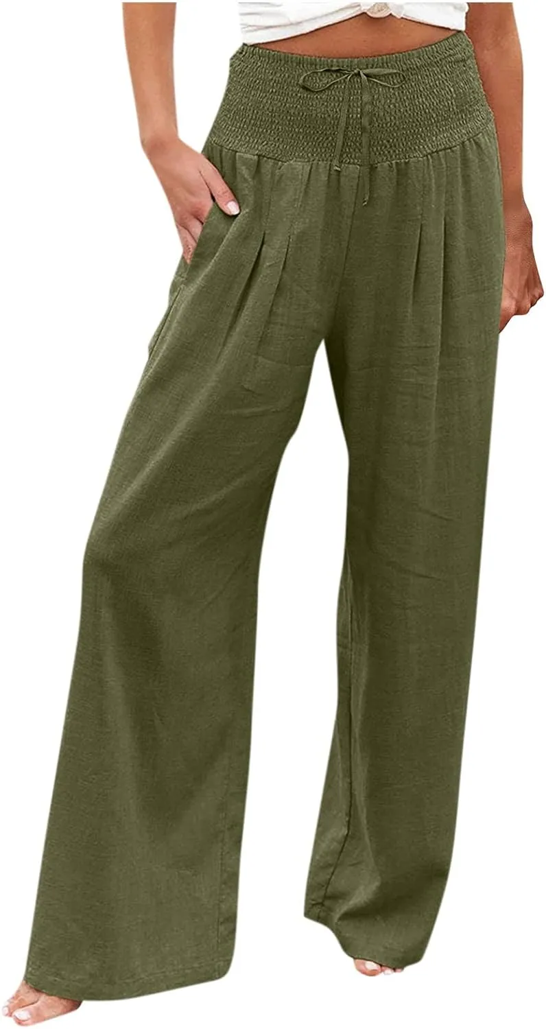 ADHOWBEW Women Linen Pants High Waisted Work Casual Lounge Plus Size Cotton Stretch Dressy Petite Flowy Palazzo Pants