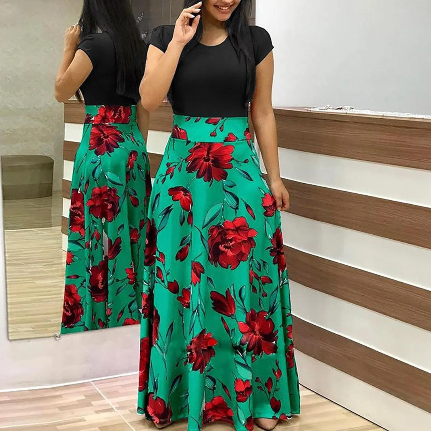 ADHOWBEW Womens Short Sleeve Empire Waist Floral Maxi Dress 2023 Summer Fashion Casual Plus Size Sundresses