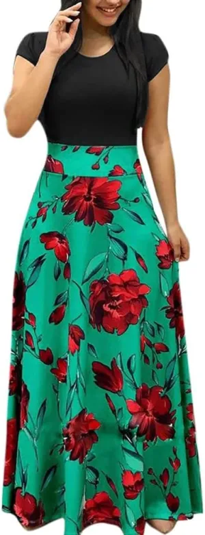 ADHOWBEW Womens Short Sleeve Empire Waist Floral Maxi Dress 2023 Summer Fashion Casual Plus Size Sundresses