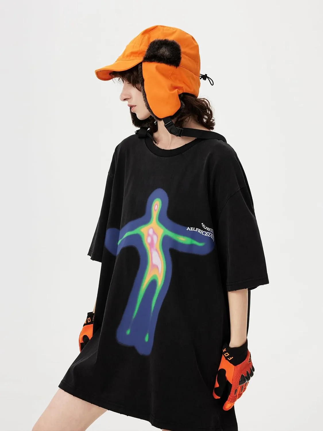 Aelfric Eden Mens Oversized Graphic Tees Y2k Washed Cotton T Shirt Distorted Portrait Print Crewneck Tee