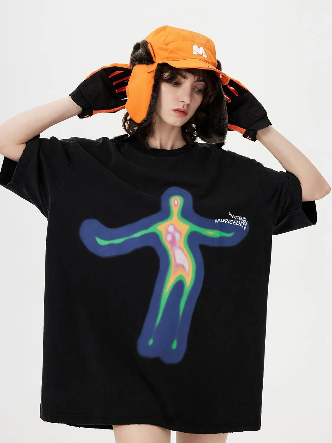 Aelfric Eden Mens Oversized Graphic Tees Y2k Washed Cotton T Shirt Distorted Portrait Print Crewneck Tee