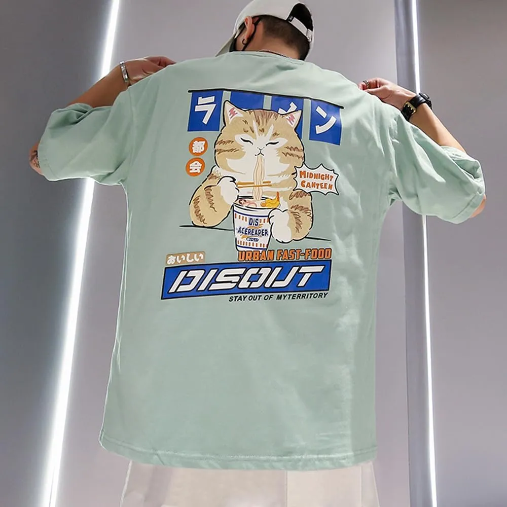 Aelfric Eden Mens Ramen Cat Graphic Tee Oversized Shirts Summer Unisex Printed Casual Harajuku Top Tshirt