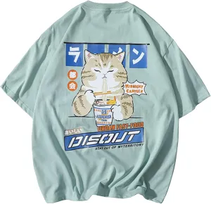 Aelfric Eden Mens Ramen Cat Graphic Tee Oversized Shirts Summer Unisex Printed Casual Harajuku Top Tshirt