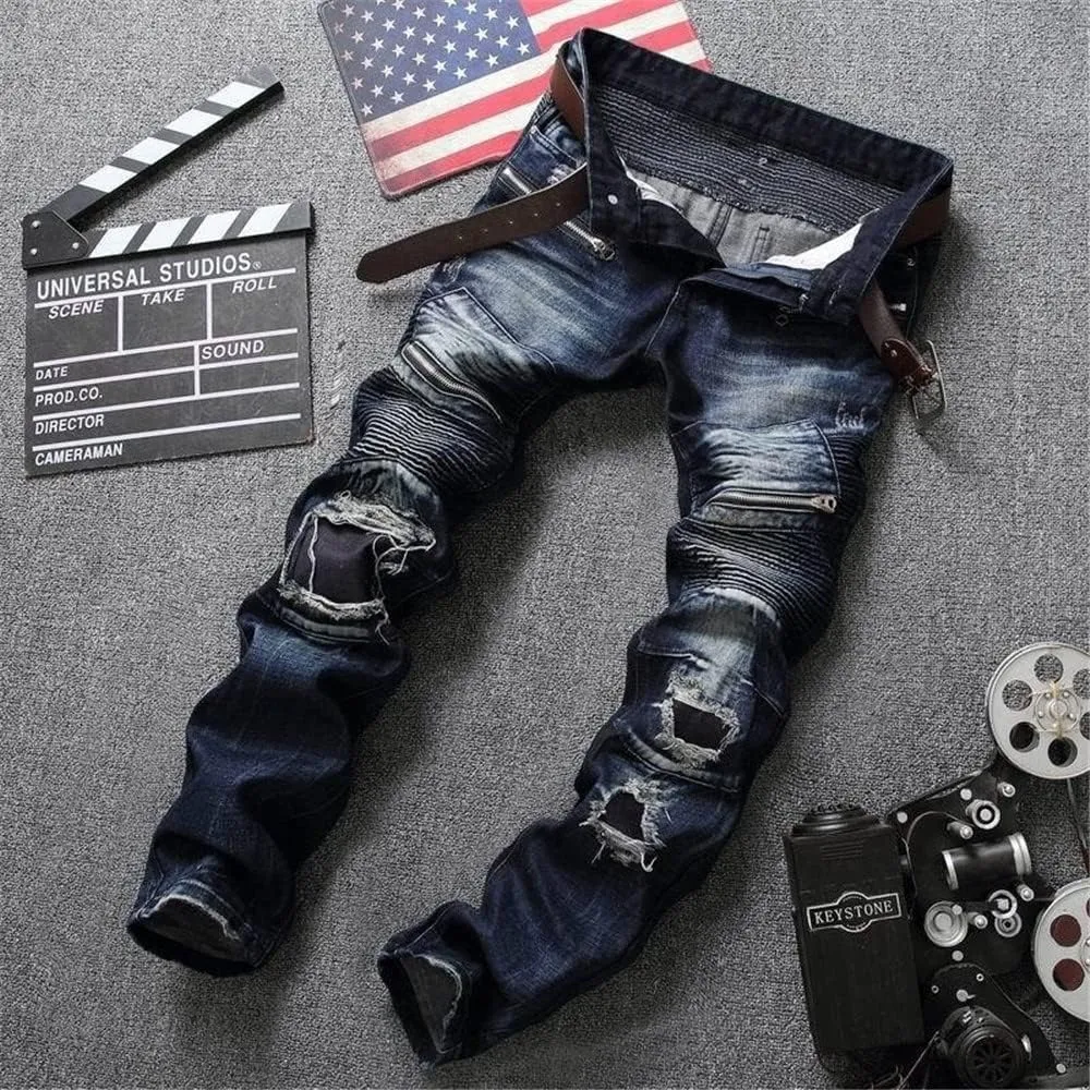 AITITIA Men's Biker Zipper Deco Washed Straight Fit Jeans