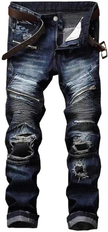 AITITIA Men's Biker Zipper Deco Washed Straight Fit Jeans