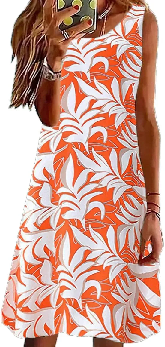 Akivide Women's Boho Floral Summer Sleeveless Sun Dresses Casual Loose Beach Vacation Flowy Tank Sundresses