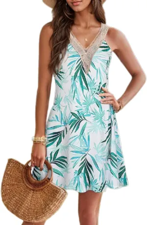 Akivide Womens Sleeveless Boho Sun Dress V Neck Summer Beach Cover Ups Casual Floral Print Mini Sundresses