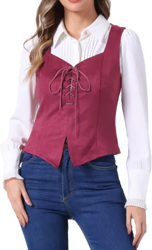 Allegra K Women's 2025 Vintage Faux Suede Vest Jacket Sweetheart Neck Sleeveless Lace Up Waistcoat Vest