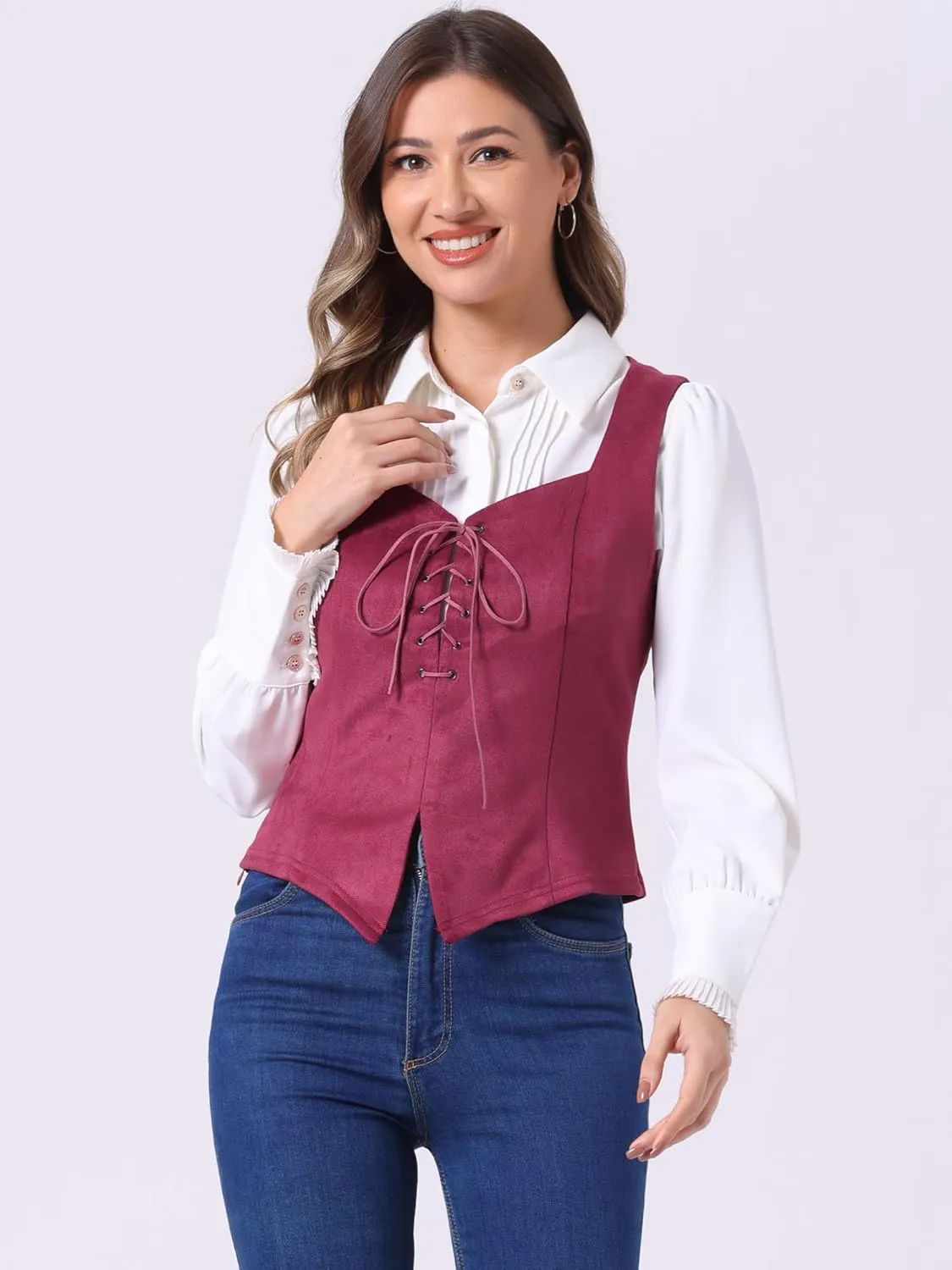 Allegra K Women's 2025 Vintage Faux Suede Vest Jacket Sweetheart Neck Sleeveless Lace Up Waistcoat Vest