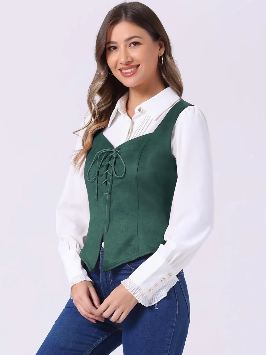 Allegra K Women's 2025 Vintage Faux Suede Vest Jacket Sweetheart Neck Sleeveless Lace Up Waistcoat Vest