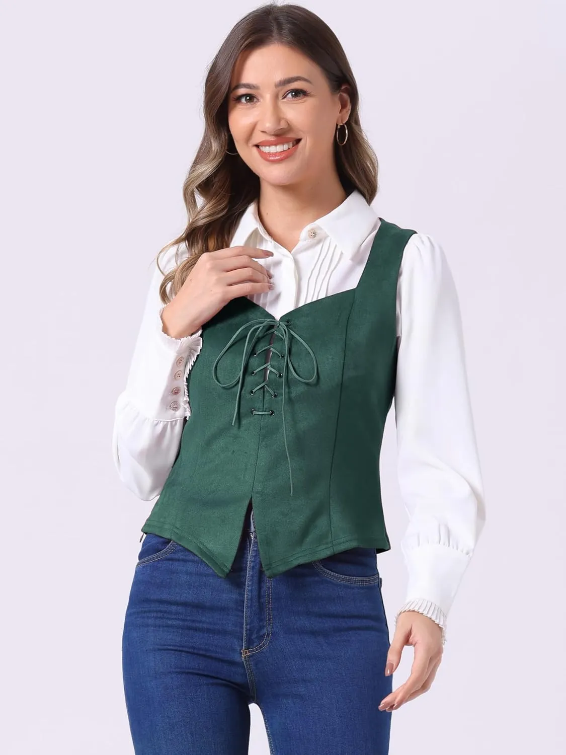 Allegra K Women's 2025 Vintage Faux Suede Vest Jacket Sweetheart Neck Sleeveless Lace Up Waistcoat Vest