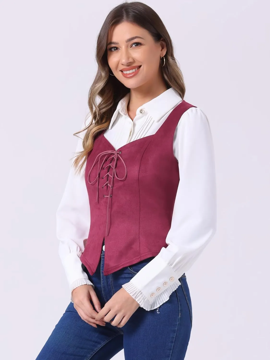 Allegra K Women's 2025 Vintage Faux Suede Vest Jacket Sweetheart Neck Sleeveless Lace Up Waistcoat Vest