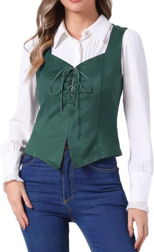 Allegra K Women's 2025 Vintage Faux Suede Vest Jacket Sweetheart Neck Sleeveless Lace Up Waistcoat Vest