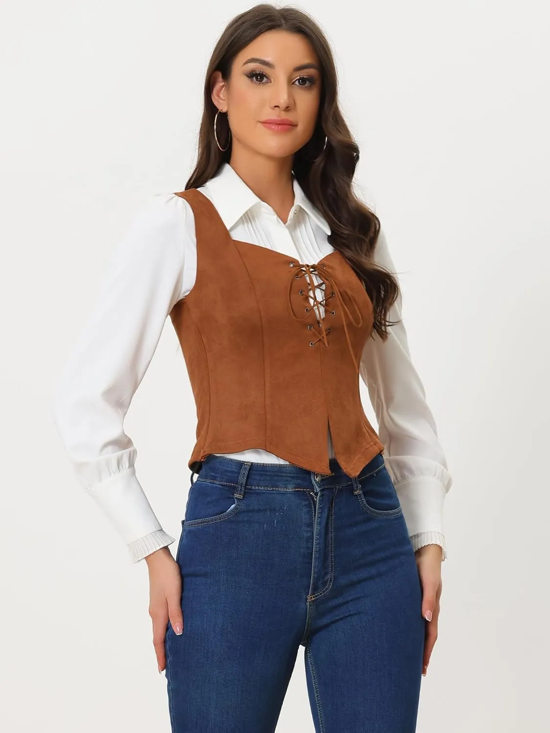 Allegra K Women's 2025 Vintage Faux Suede Vest Jacket Sweetheart Neck Sleeveless Lace Up Waistcoat Vest