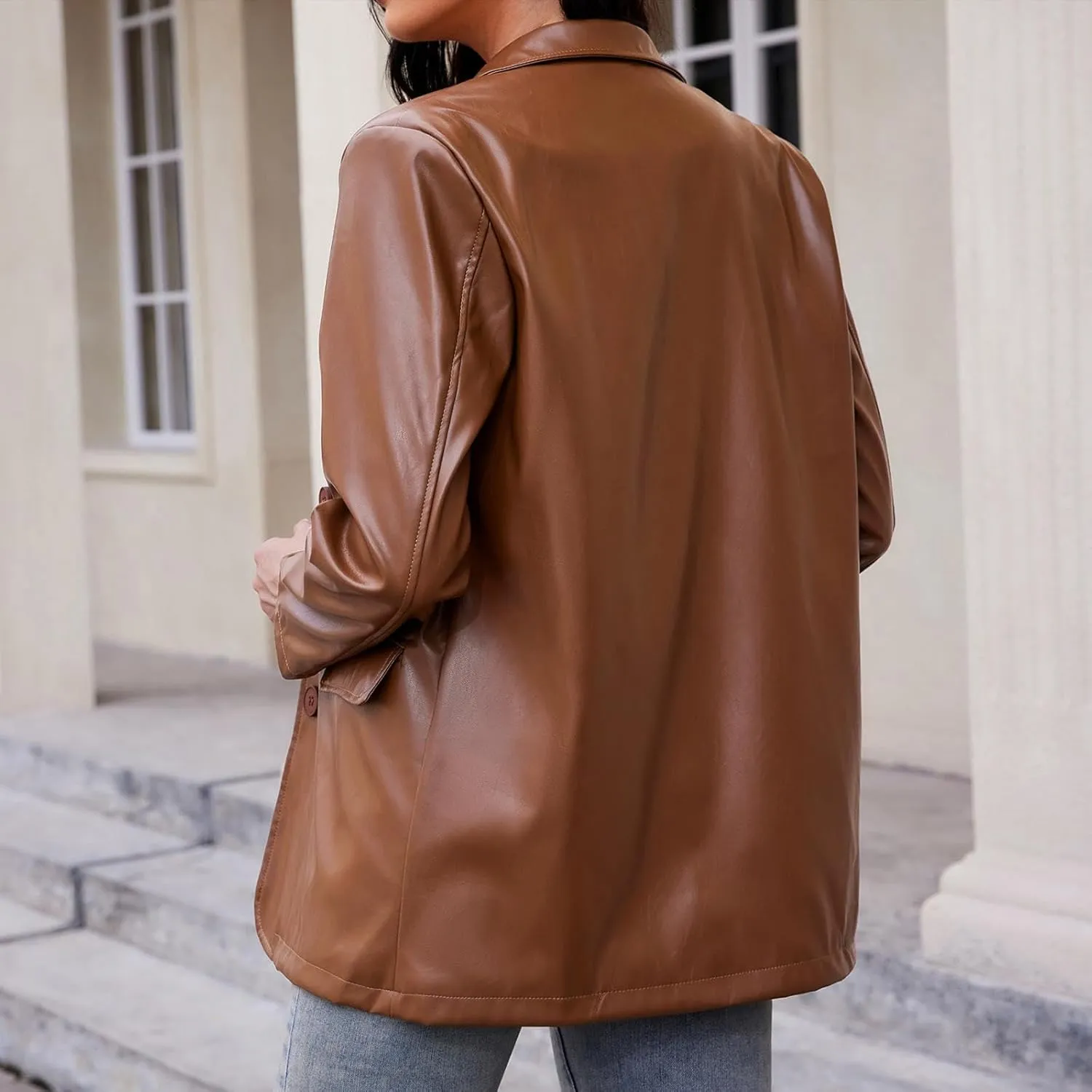 American Trends Womens Oversized Leather Jacket Faux Leather Blazer Fashion Clothes Lapel Outfits
