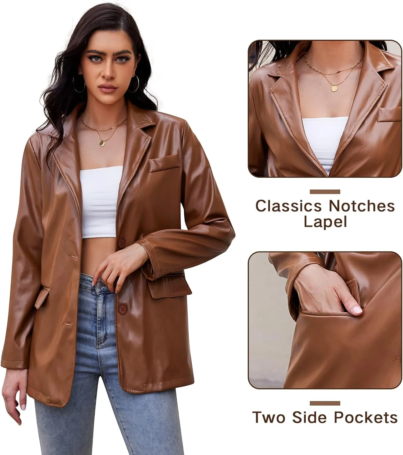 American Trends Womens Oversized Leather Jacket Faux Leather Blazer Fashion Clothes Lapel Outfits