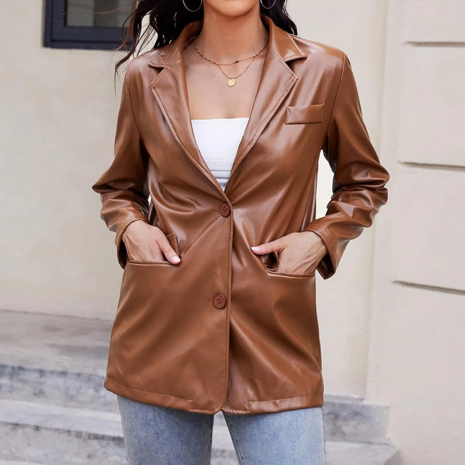 American Trends Womens Oversized Leather Jacket Faux Leather Blazer Fashion Clothes Lapel Outfits