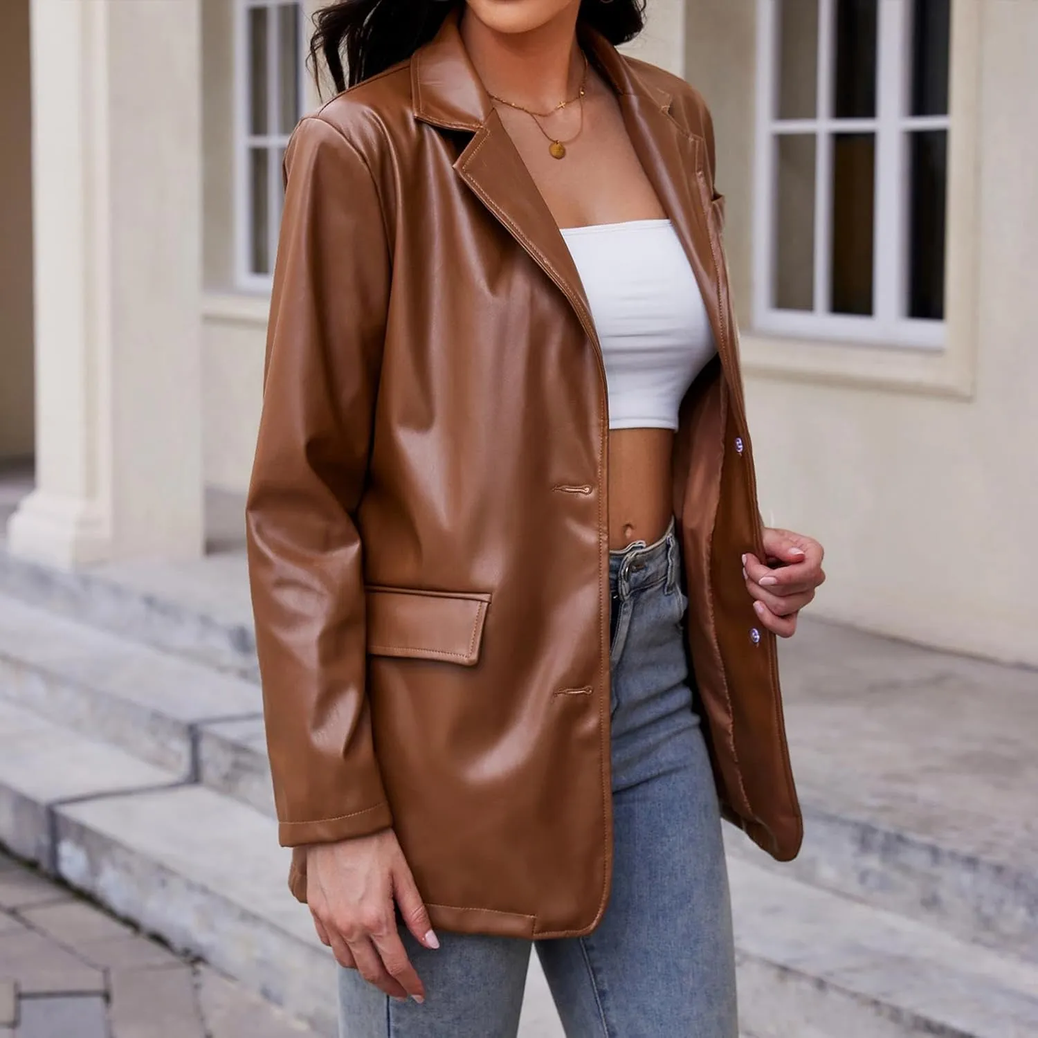 American Trends Womens Oversized Leather Jacket Faux Leather Blazer Fashion Clothes Lapel Outfits