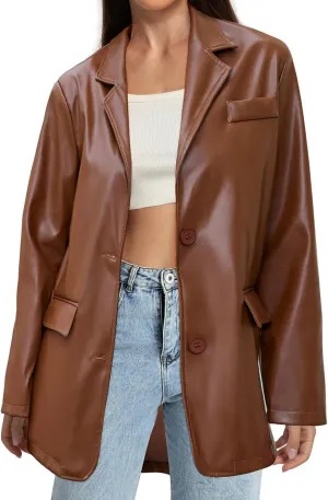American Trends Womens Oversized Leather Jacket Faux Leather Blazer Fashion Clothes Lapel Outfits