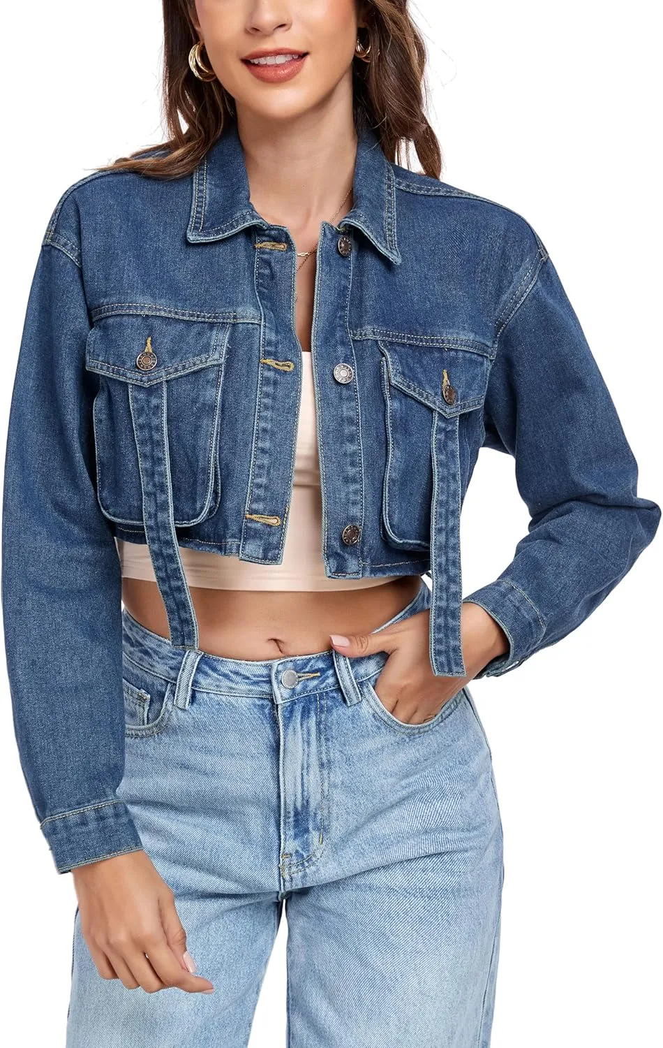 Anienaya Women's Cropped Denim Jacket Washed Cropped Y2K Cargo Short Jean Jacket with Pockets