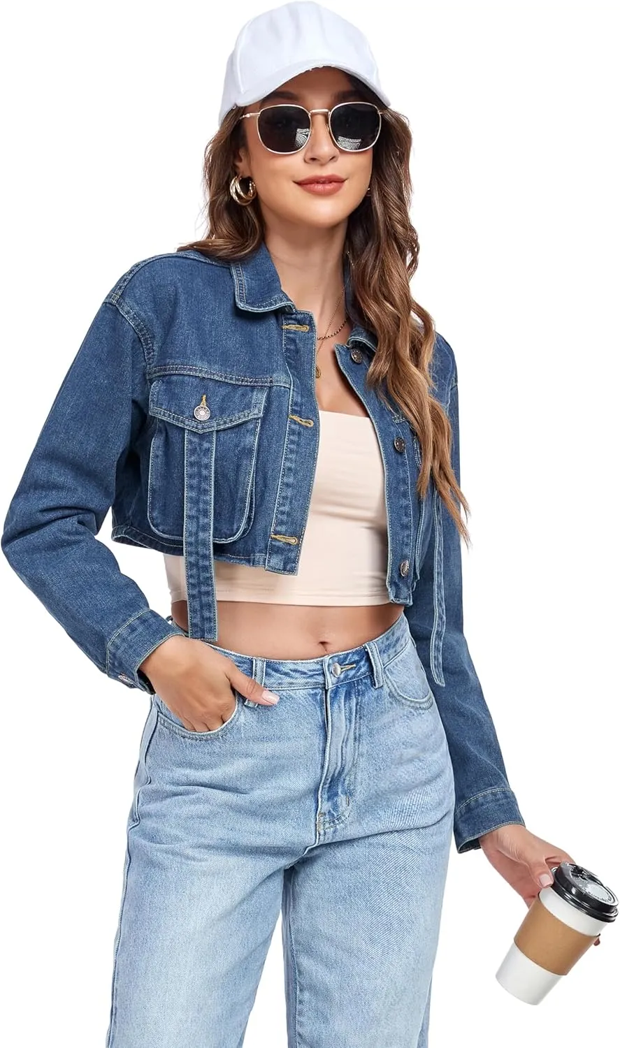 Anienaya Women's Cropped Denim Jacket Washed Cropped Y2K Cargo Short Jean Jacket with Pockets