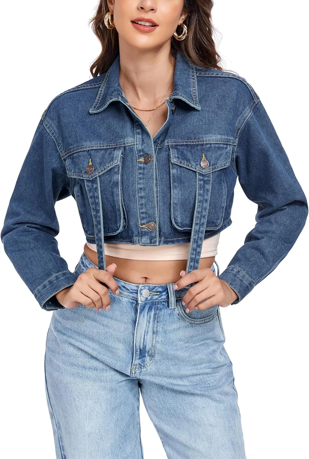Anienaya Women's Cropped Denim Jacket Washed Cropped Y2K Cargo Short Jean Jacket with Pockets