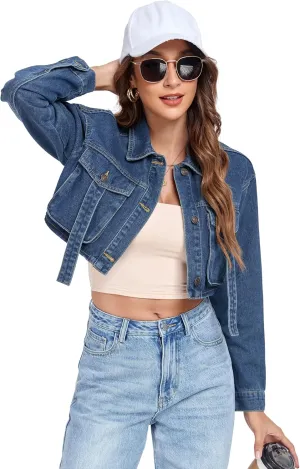 Anienaya Women's Cropped Denim Jacket Washed Cropped Y2K Cargo Short Jean Jacket with Pockets