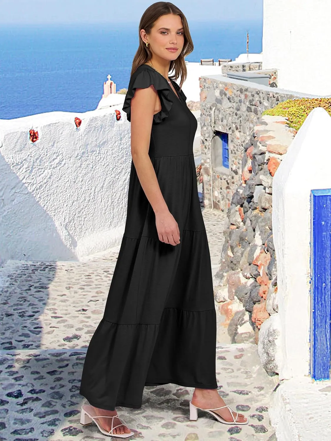 ANRABESS Womens Summer Casual Maxi Dress V Neck Ruffle Sleeve Long Dresses Fashion Flowy Tiered Boho Beach Vacation Sundress