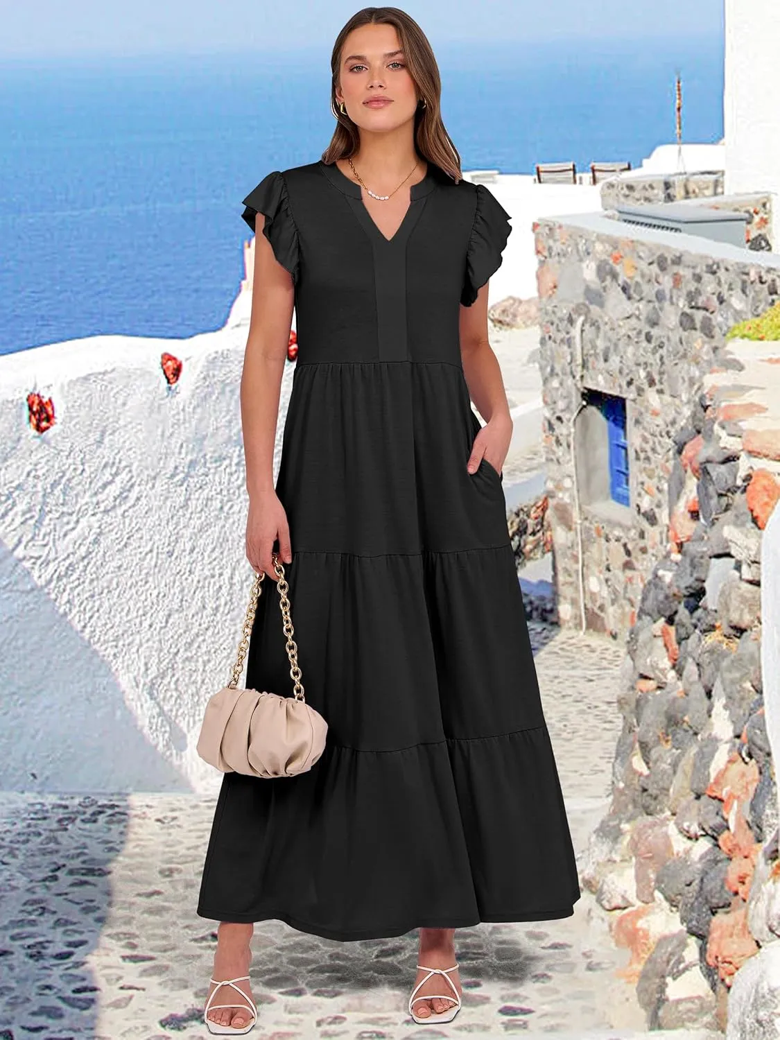 ANRABESS Womens Summer Casual Maxi Dress V Neck Ruffle Sleeve Long Dresses Fashion Flowy Tiered Boho Beach Vacation Sundress