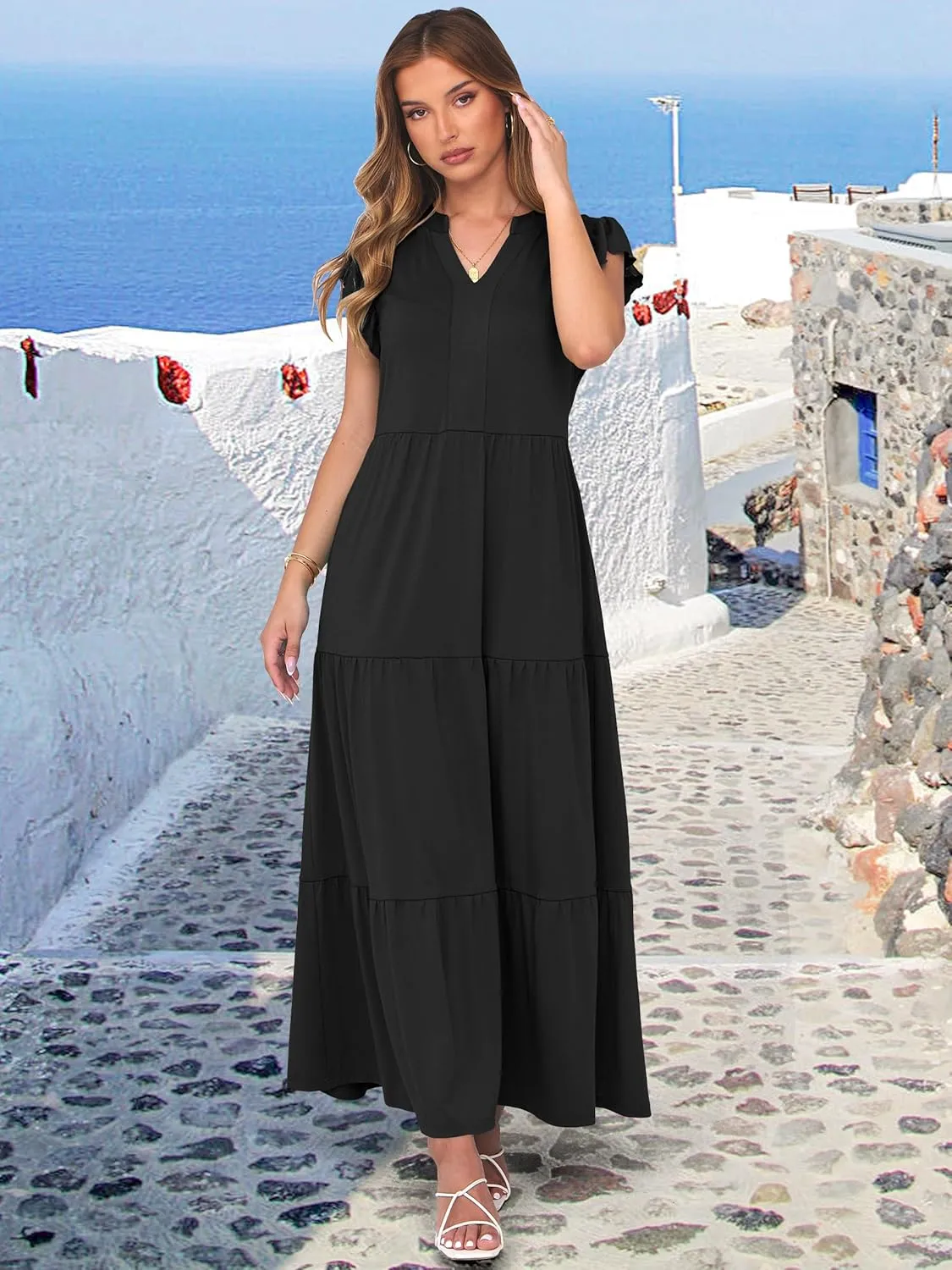 ANRABESS Womens Summer Casual Maxi Dress V Neck Ruffle Sleeve Long Dresses Fashion Flowy Tiered Boho Beach Vacation Sundress