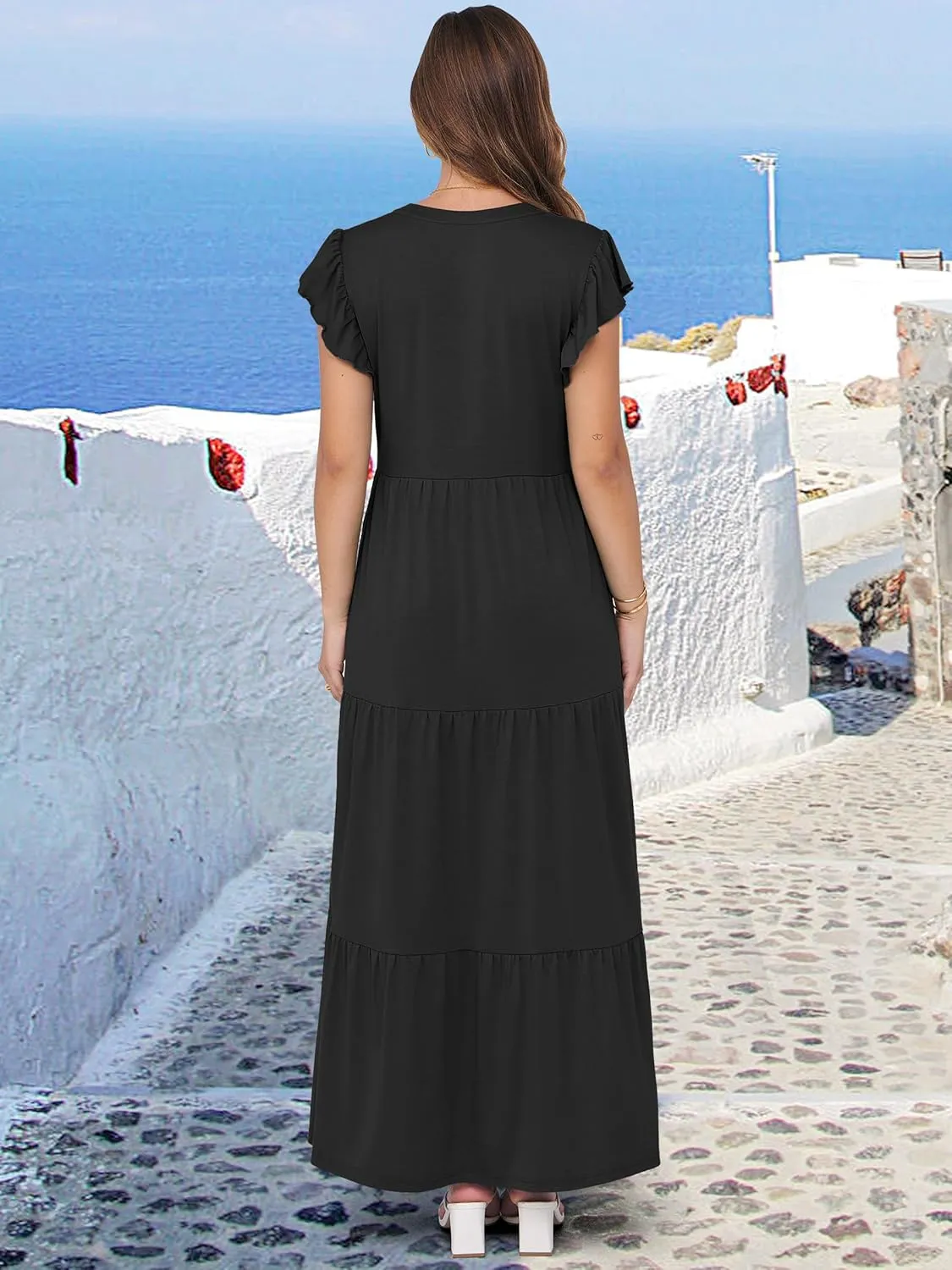 ANRABESS Womens Summer Casual Maxi Dress V Neck Ruffle Sleeve Long Dresses Fashion Flowy Tiered Boho Beach Vacation Sundress