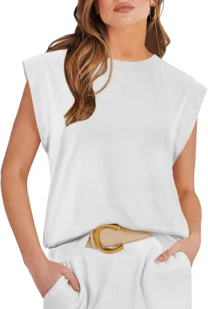 ATHMILE Women's Sleeveless Summer Tank Tops Casual Trendy T Shirts Basic Trendy Cap Sleeve Oversized Tee