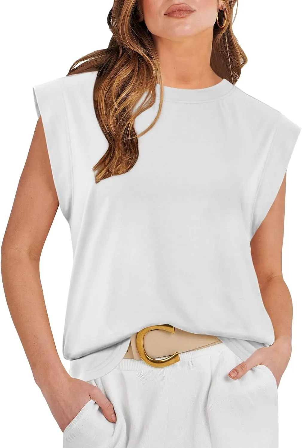 ATHMILE Women's Sleeveless Summer Tank Tops Casual Trendy T Shirts Basic Trendy Cap Sleeve Oversized Tee