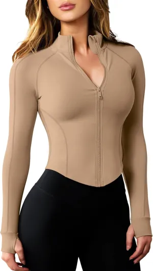 AVGO Women's Workout Jacket Lightweight Zip Up Cropped Yoga Jackets Slim Fit Athletic Tops with Thumb Holes