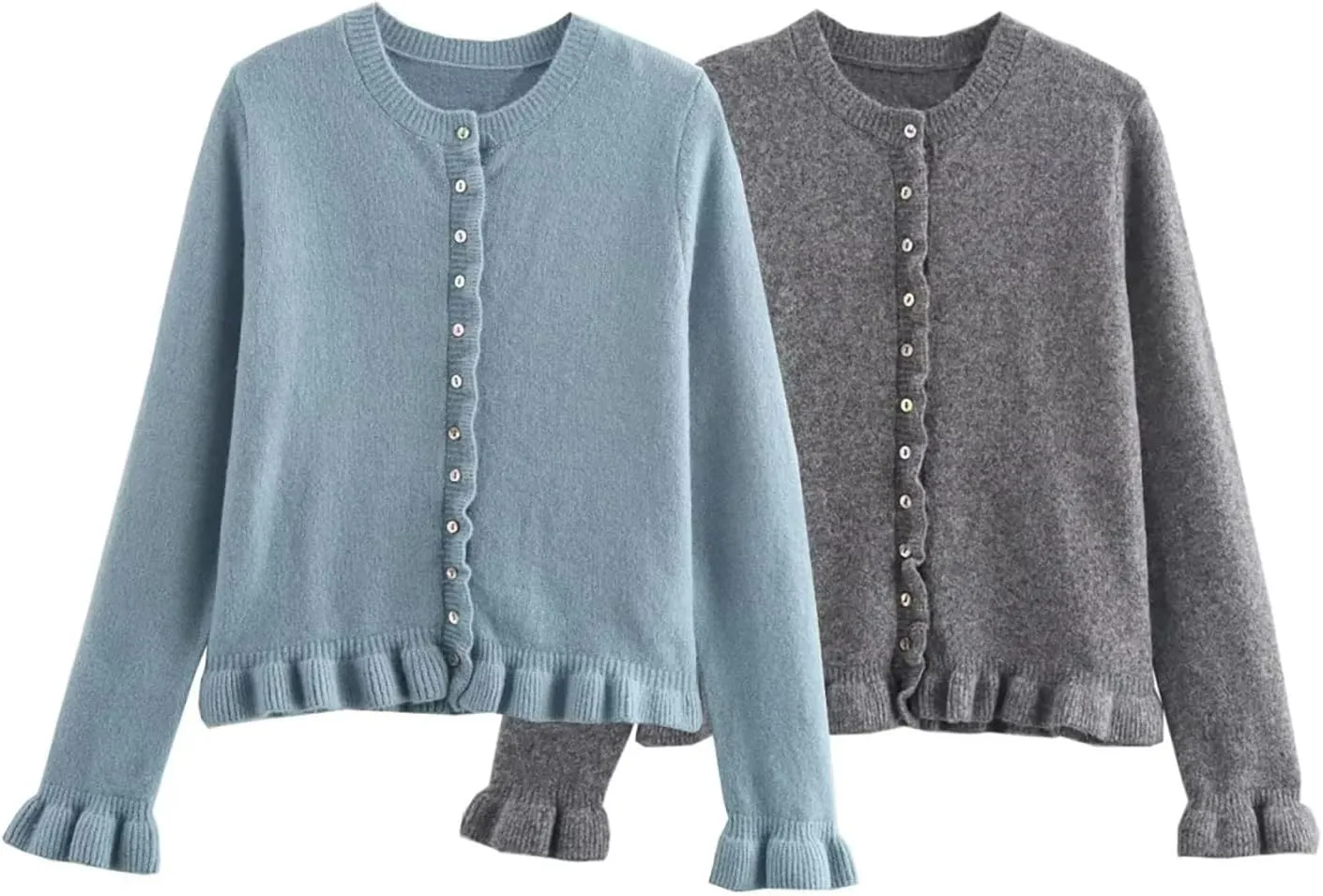 BAIMORE Women's Trendy Crew Neck Button Down Long Sleeve Ruffle Trim Slim Cardigan Sweater