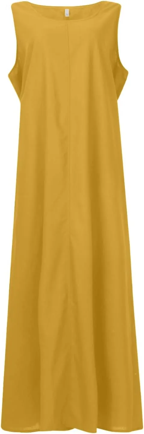 BAXLIMEK Maxi Dresses for Women,2023 Spring Summer Trendy Plain Cotton Linen Dress,Casual Boho Plus Size Beach Dress